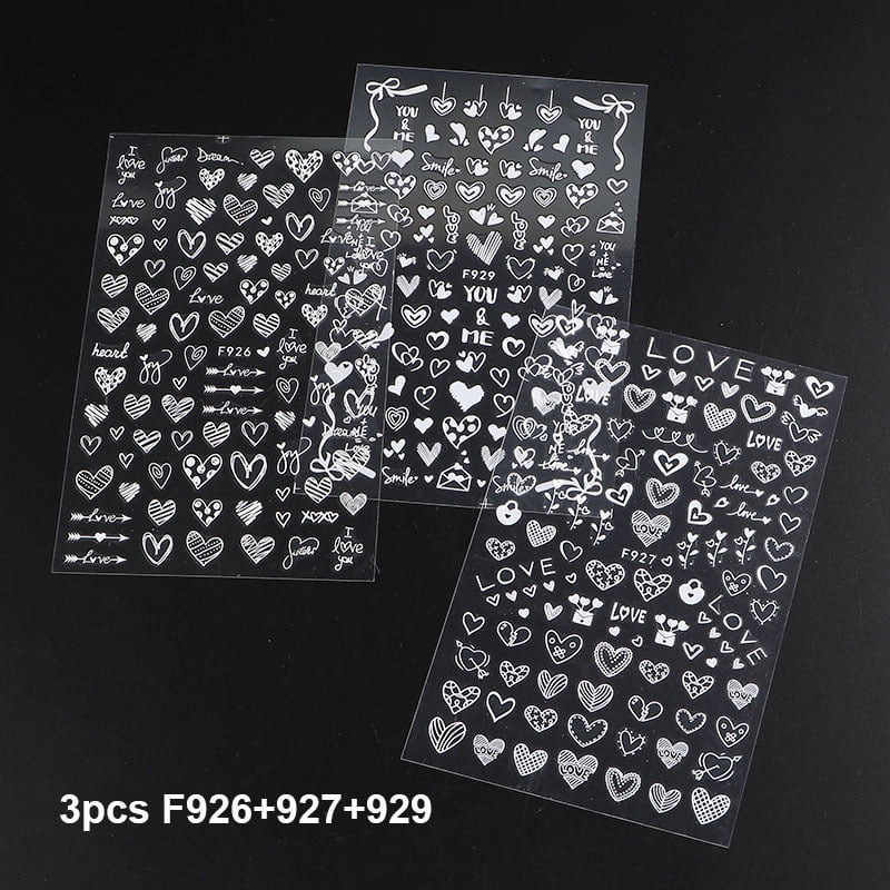 3pcs 3D Elegant White Heart Nail Stickers Valentine Love Designs Nail Art Decals Self Adhesive Decoration DIY Manicure Supplies