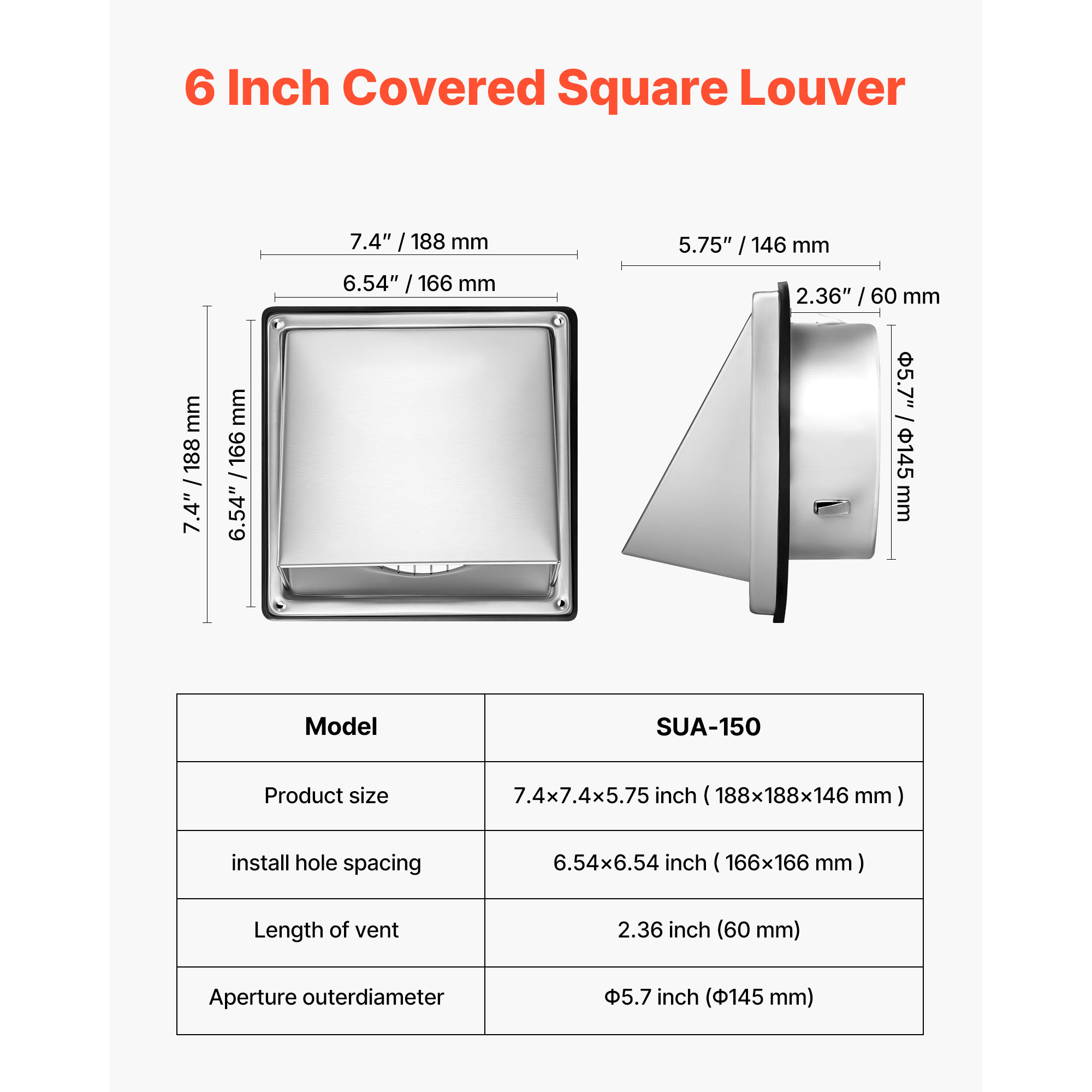 KFFKFF 6-Inch Exterior Wall Vent Cover, Square Air Vent with Stainless Steel Construction and Built-In Protective Screen, Suitable for Home, Bathroom, Garage, Kitchen, and Basement (1 Pack, Silver)