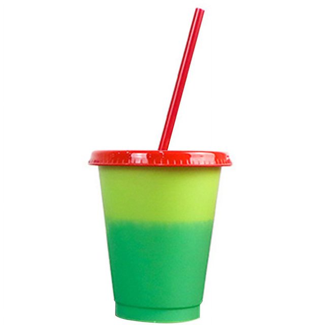 Creative Color Changing Cup with Lid and Straw Reusable Plastic Short Cold Drink Cup for Adult Children(Orange)
