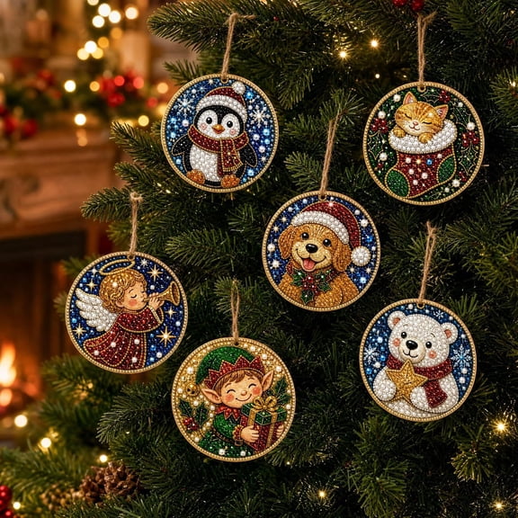 Pearl Art Christmas Ornaments, 6Pcs DIY Pearl Diamond Art Kits for Adults, Beaded Gem Rhinestone Pearl Painting Art Craft Kit, Christmas Tree Decorations Wooden Hanging Ornaments