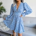 thumbnail image 2 of ClodeEU Womens Long Sleeves Chiffon Print Mini Dresse,V-Neck Pleated Spring Summer Dress Sky Blue,Womens Plus XL, 2 of 6