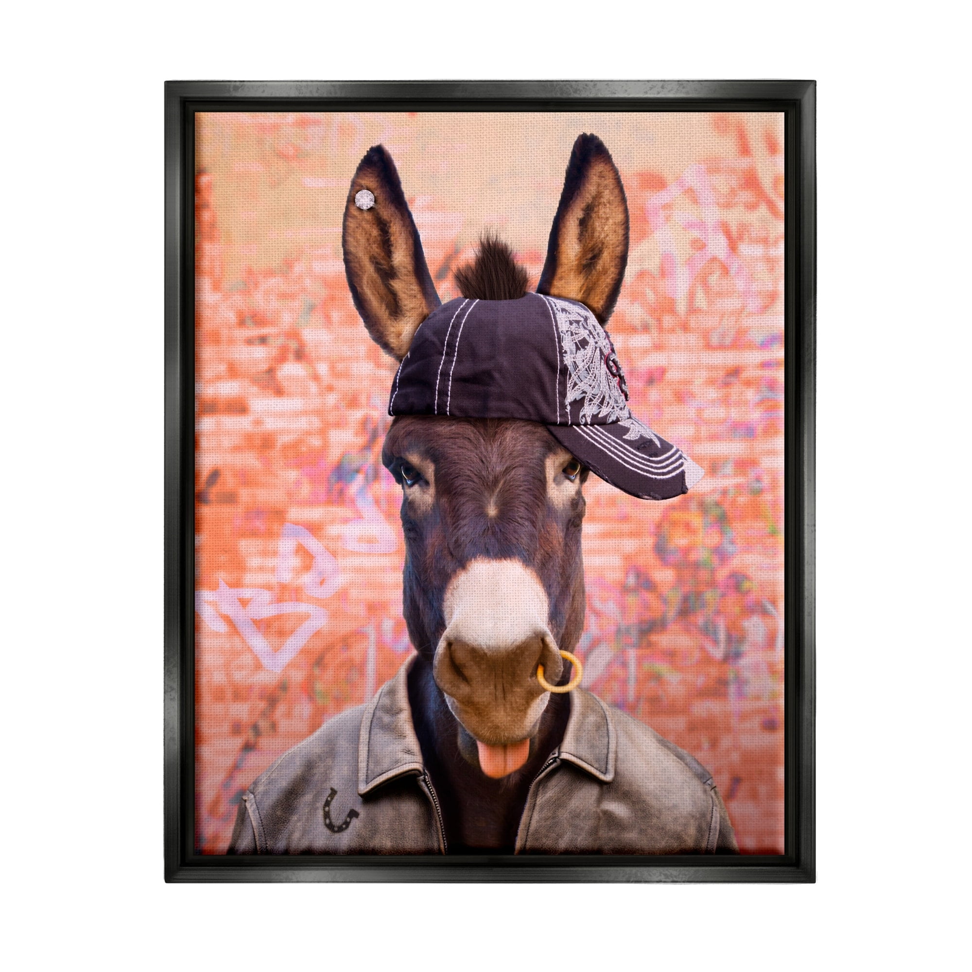 Stupell Industries Cool Trendy Donkey Wearing Hat Street Graffiti Graphic Art Metallic Gold Floating Framed Canvas Print Wall Art, Design by Michael Quackenbush
