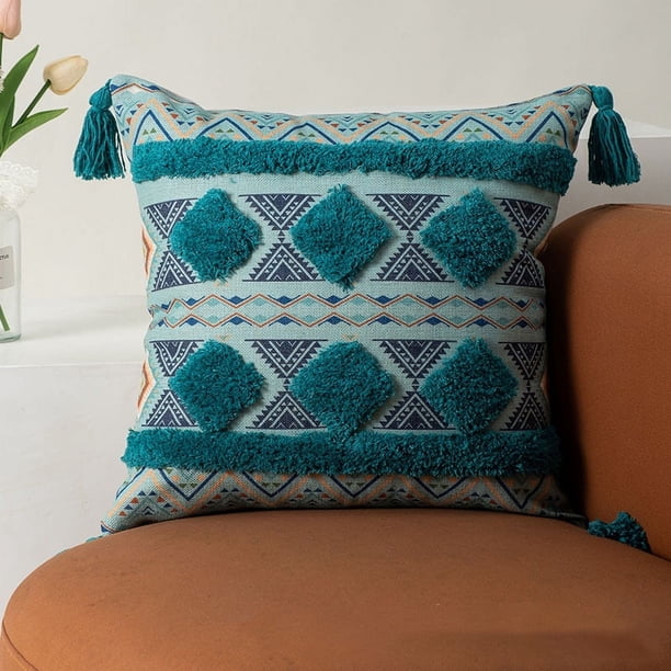 Xiao Hua Funda de cojín decorativa bohemia con borlas, de lona de algodón, acogedora y bohemia, con borlas, para decoración del hogar, 43 x 43 cm, color verde azulado.