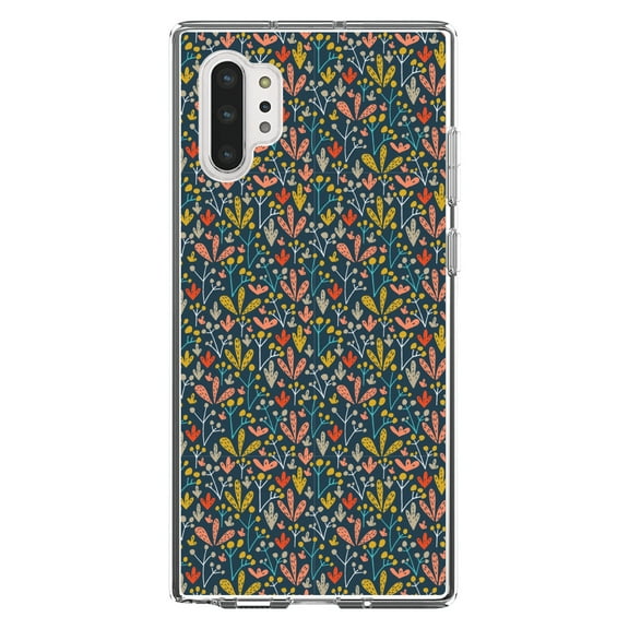 DistinctInk Clear Shockproof Hybrid Case for Galaxy Note 10 PLUS (6.8" Screen) - TPU Bumper, Acrylic Back, Tempered Glass Screen Protector - Modern Floral - Navy Yellow Teal