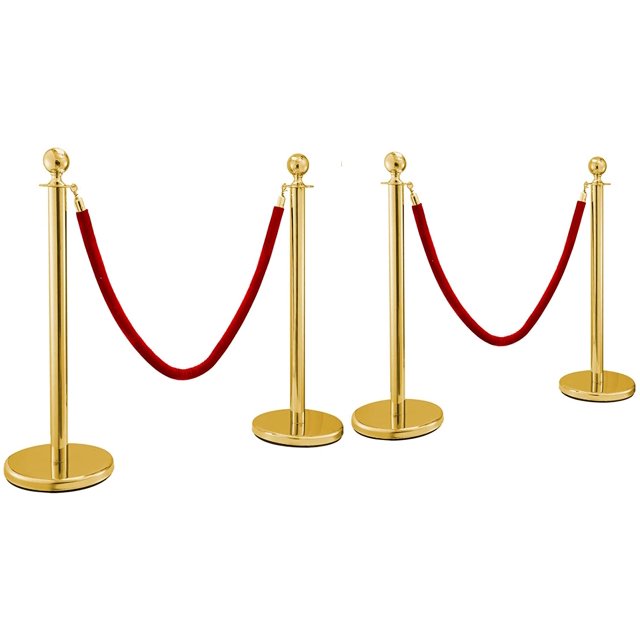 PreAsion 2Pcs Construction Velvet Rope 2 Round Top Gold Color Plated Stanchion Crowd Control Barrier