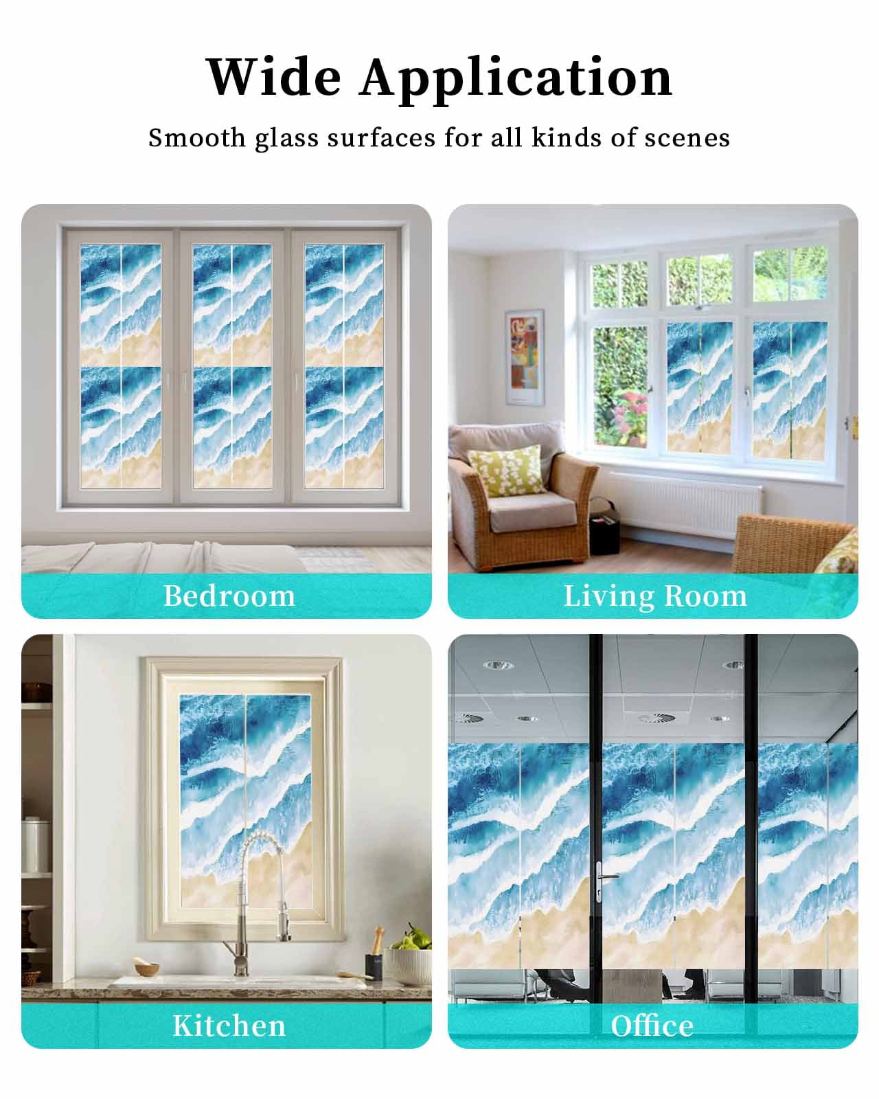 Window Privacy Film Blue Waves Coastal Stained Glass Window Film Decorative Sun Block Window Cover Summer Beach Nautical Ocean Window Clings Static Adhesive Sticker for Bathroom 23.6"x78.7"