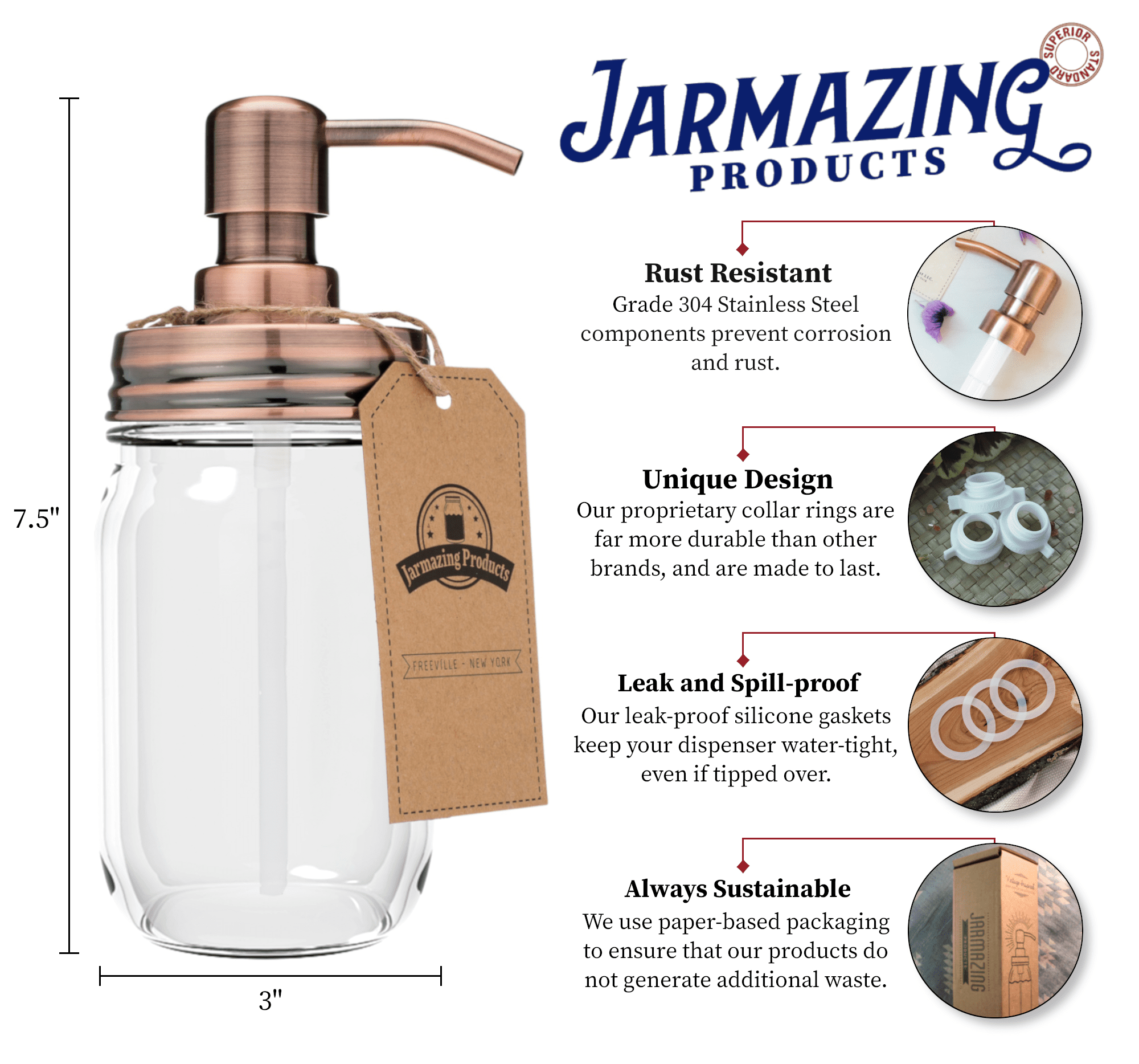 Jarmazing Products Mason Jar Soap Dispenser - Copper - With 16 Ounce Clear Mason Jar - Two Pack