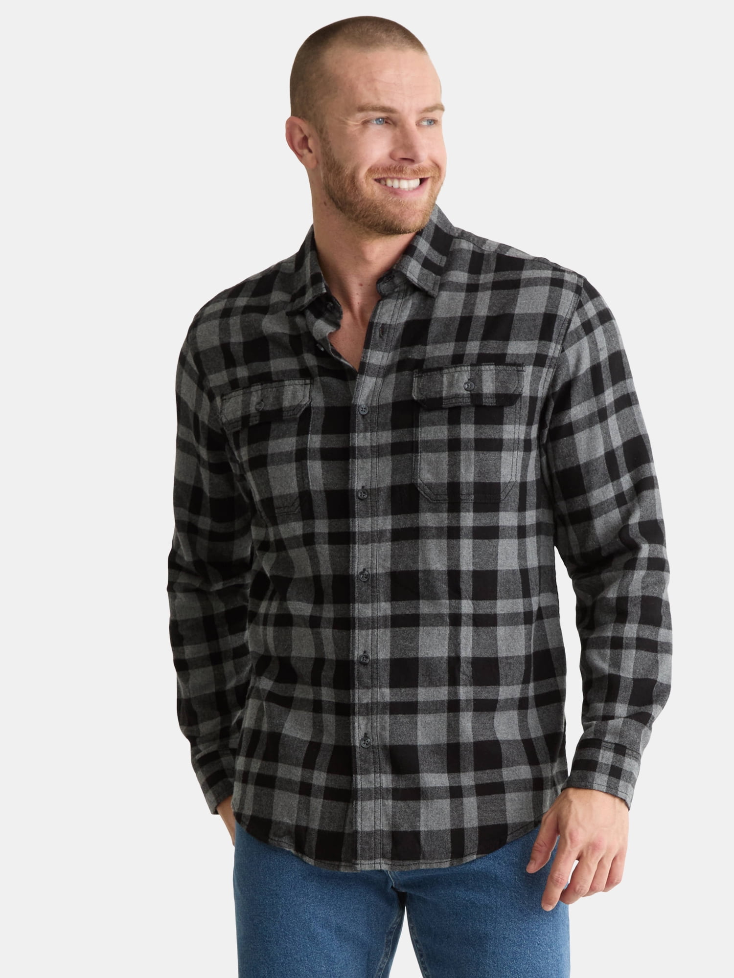 George Men's and Big Men's Double Pocket Flannel Shirt, 2 Pack, Sizes XS-3XLT