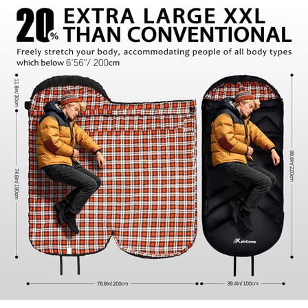Cotton Flannel Sleeping Bag for Adults, 4 Season Extra Big & Tall XXL Portable Sleeping Bag for Winter Cold Weather, Camping Sleeping Bag with Compression Sack, Hiking Backpacking, Indoor Outdoor