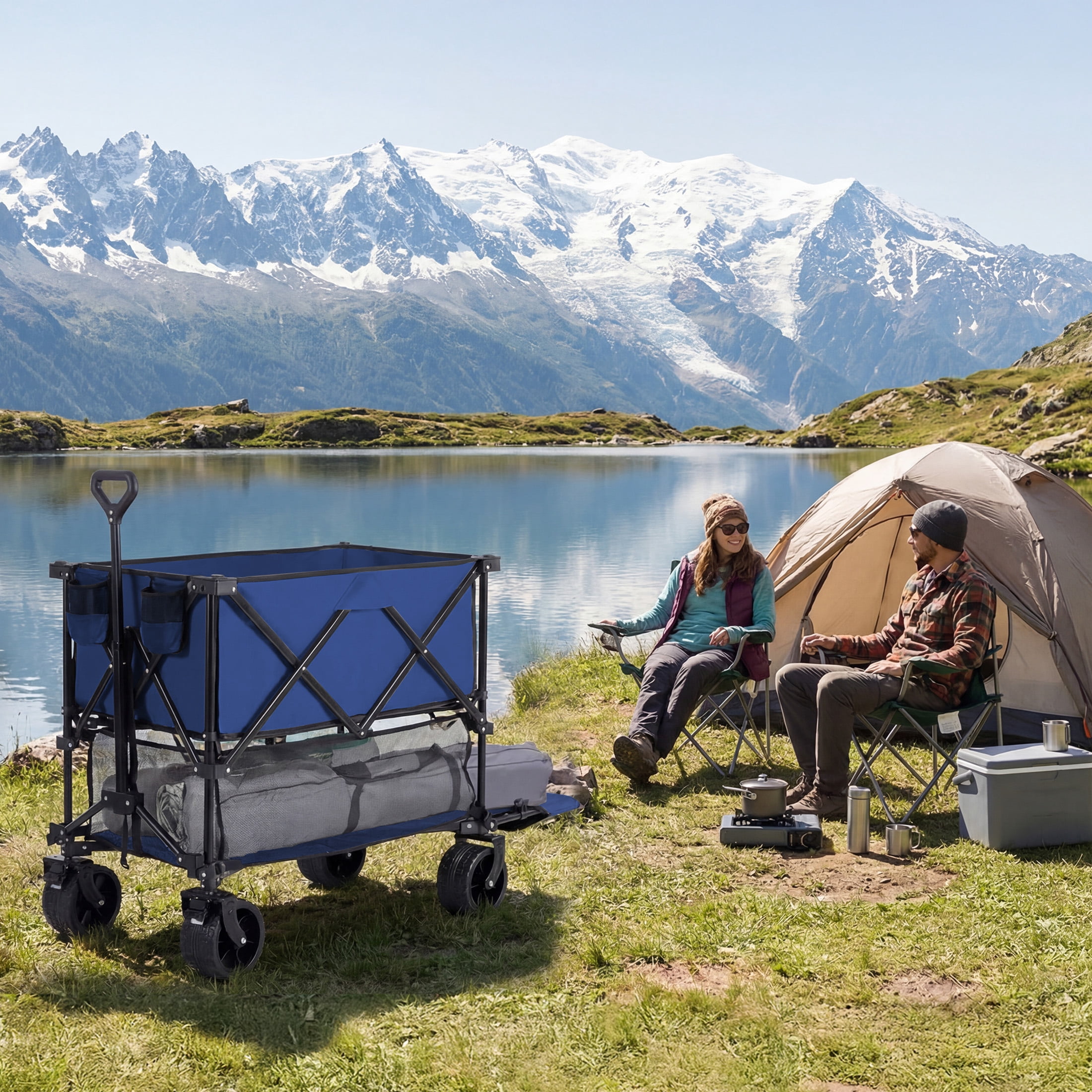 edx Large Capacity Folding Double Decker Wagon with Brakes, 54" Extra Long Extended Wagon, Equipped with 7" All-Terrain Big Wheels for Camping, Sports, Beach