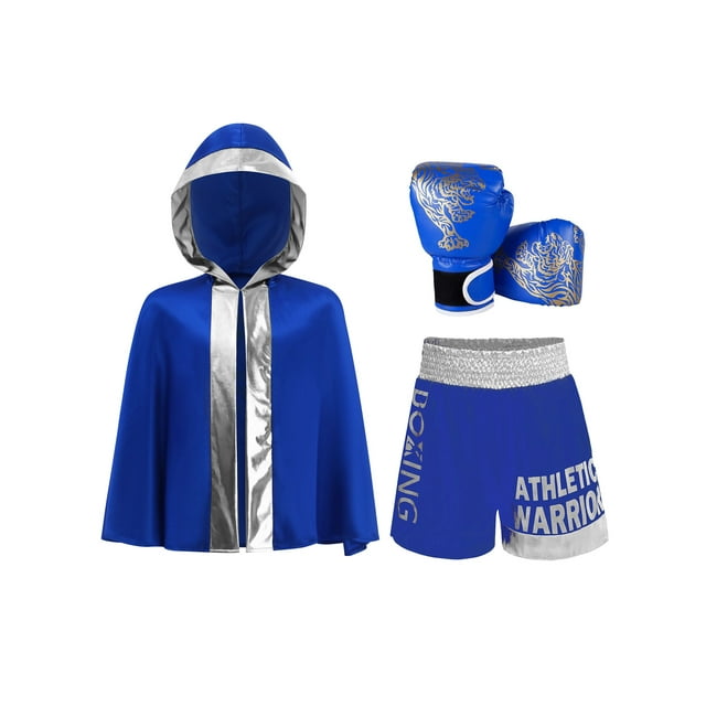 Moggemol Kids Boys Metallic Trim Boxer Robe with Gloves Set for Carnival Theme Party Boxing Practice Blue Silver 6