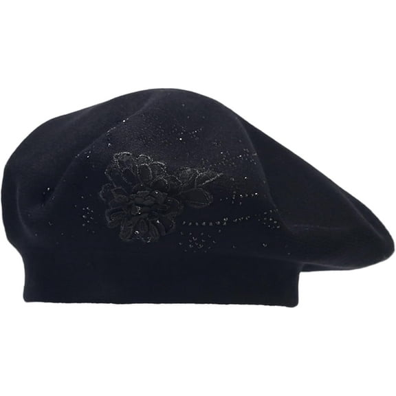CoCoMangos Rhinestone Beret Hats for Women Wool Flower French Beret Winter Hat Artist Beanie Cap