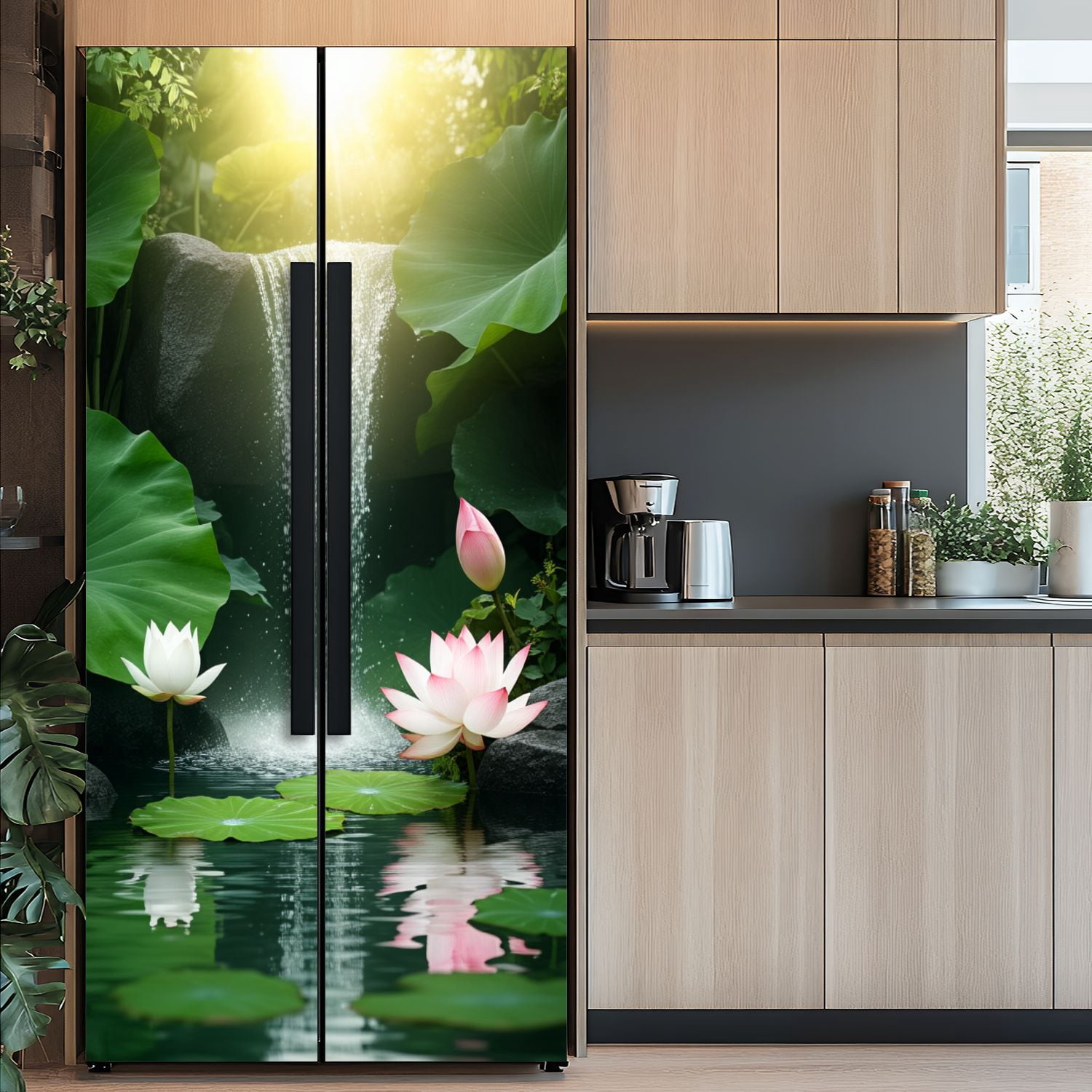 Self Adhesive Vinyl Refrigerator Wrap Set Serene Lotus Pond Waterfall Greenery Spiritual Calm Door Mural Removable Fridge Sticker Peel and Stick&nbsp;Full Door Cover Decal Kitchen Bar Decor