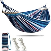 Axidou Double Hammock 2 people, With Two Anti Roll Balance Beam, Canvas Cotton Hammock with Carrying bag Travel, Beach, Backyard etc (Blue and white Stripes)