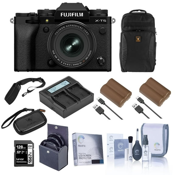 Fujifilm X-T5 Mirrorless Camera, Black with XF 16-50mm f/2.8-4.8 R LM WR Lens, Bundle with 128GB Memory Card, Backpack, 2x Battery, Smart Charger, 2x Charger Plate, 58mm Filter Kit