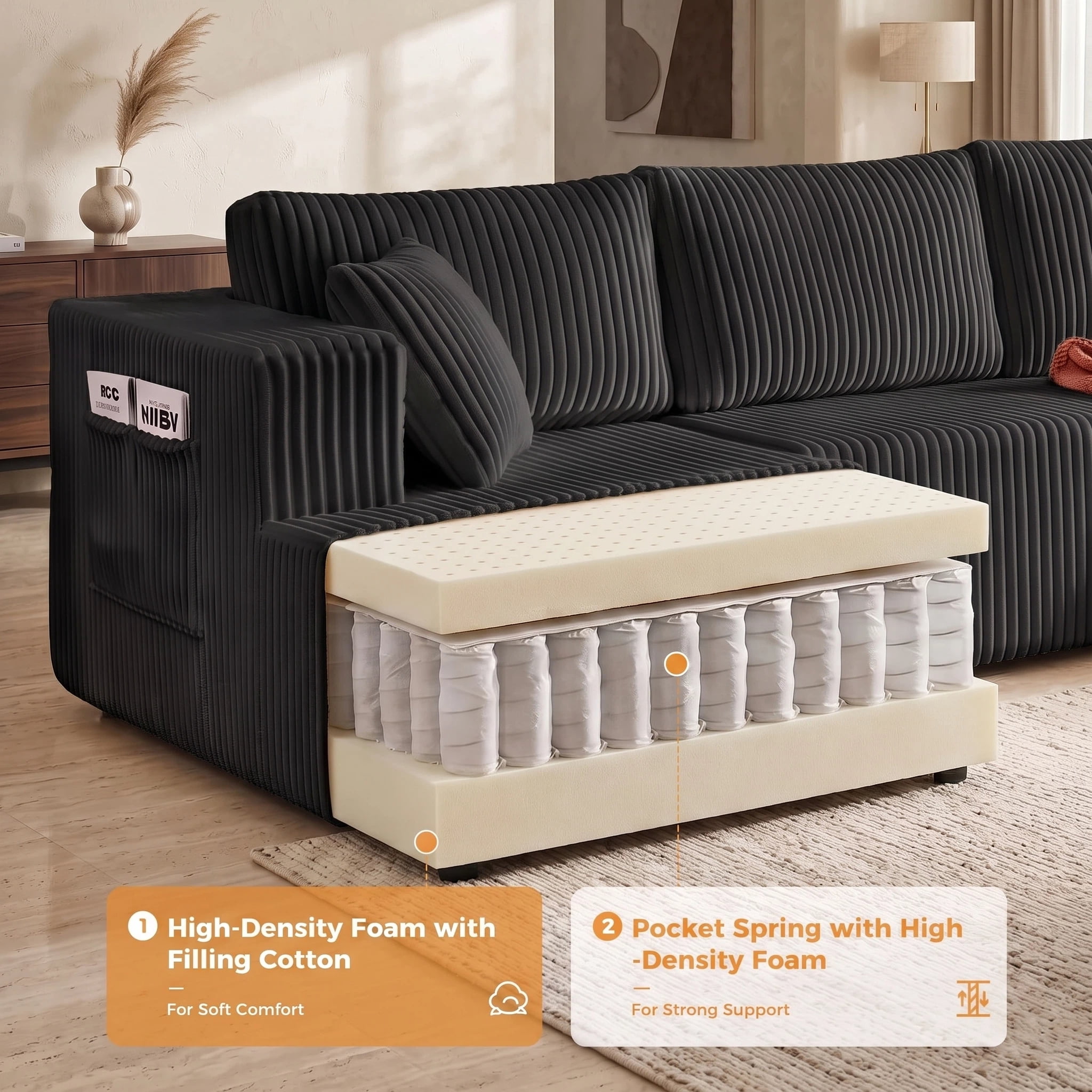 AISWORD 132" U Shaped Modular Sectional Sofa, Comfy Cloud Boneless Sofa with Chaise and Side Pockets, Memory Foam Sleeper Sofa for Living Room, Black