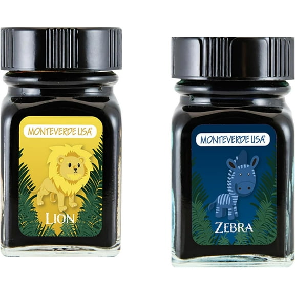 Monteverde 60ml Ink, Lion (Yellow), Zebra (Blue) Jungle Ink (G309LI, G309ZE) Fountain Pen Ink (30ml Each Ink Bottle, 2 Pack)