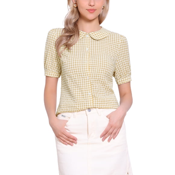 Camisa de cuadros para mujer INSPIRE CHIC con cuello Peter Pan, mangas cortas abullonadas, blusa de botones en color melocotón, talla S