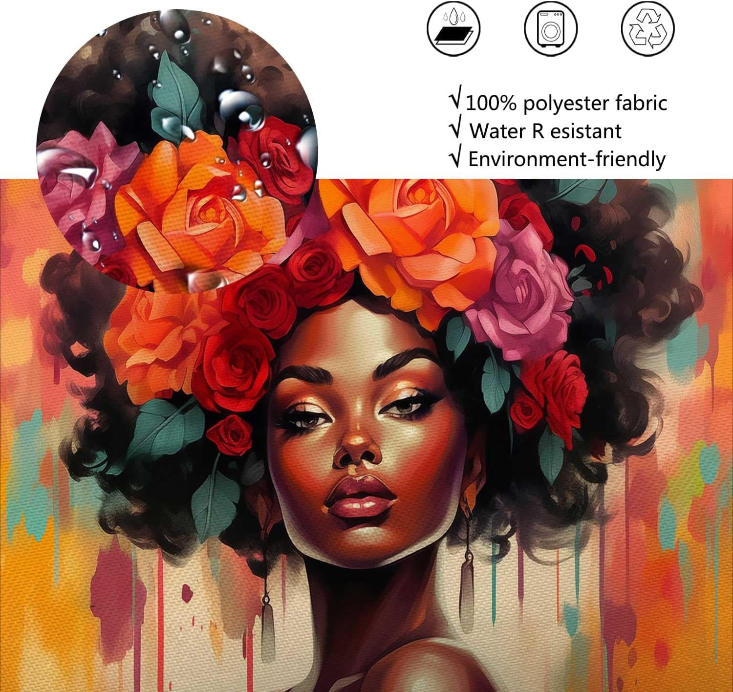 Black Girl Shower Curtain, Retro African American Colorful Floral Red Rose Black Woman Bathroom Decor, Oil Painting Aesthetics Flower Fabric Afro Lady Bath Shower Curatin Set with 12 Hooks, 72X72in