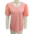 thumbnail image 1 of Camiseta con cuello en V para mujer, mangas cortas abombadas, empalme de encaje, Color puro, holgada, camiseta de verano, naranja, rosa, S, 1 of 3