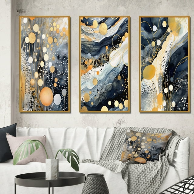 Designart "Whimsical Pastel Abstract With Blue Black & Gold Spots X" Modern Geometric Framed Wall Art Set Of 3 - Gold Abstract Frame Gallery Wall Set For Home Decor