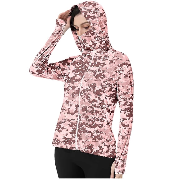 Htigea Womens Fishing Shirts with Thumb Holes UV Face Mask Hoodies Full-Zip UPF 50  Sun Protection Athletic Jackets Pink S