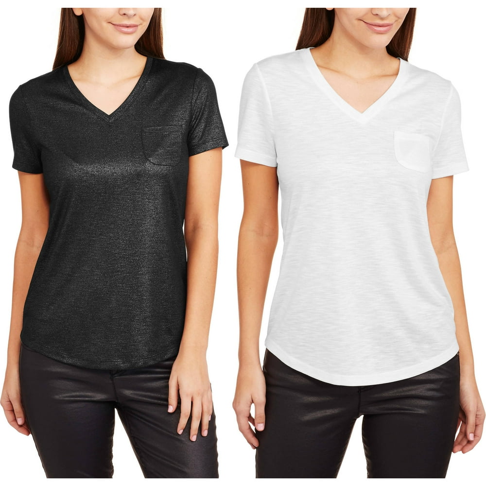 Faded Glory Women's Essential Foil Printed Short Sleeve VNeck Pocket