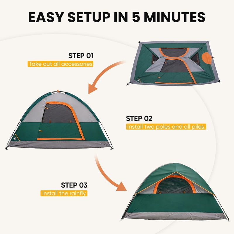 Gianna 4 Person Waterproof Camping Tent with Rainfly, Easy Setup Dome Tent with Mesh Windows & Skylights, Lightweight Portable Tent for Outdoor Camping, Festivals & Backyard, Green