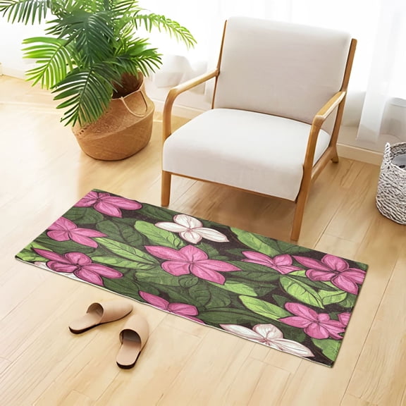 Pink Flowers Green Leaves Plush Carpet Non Slip Runner Rug Absorbent Bath Mat 39" x 20"