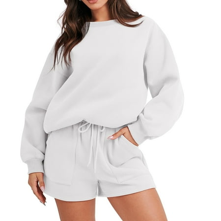Shldybc Women s 2 Piece Sweat Suit Tracksuit Casual Long Sleeve Hoodies Jacket and Shorts Set Fall Outfits  Womens Workout Sets on Clearance ( White  XXL )