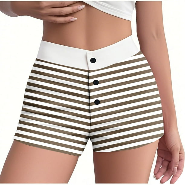 Pantalones cortos de pijama ajustados de cintura alta con botones y cintura elástica a rayas de verano para mujer, pantalones de poliéster para mujer