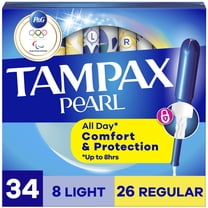 Tampax Pearl Tampons Duo Multipack with LeakGuard Braid, Light/Regular Absorbency, Unscented, 34 Ct