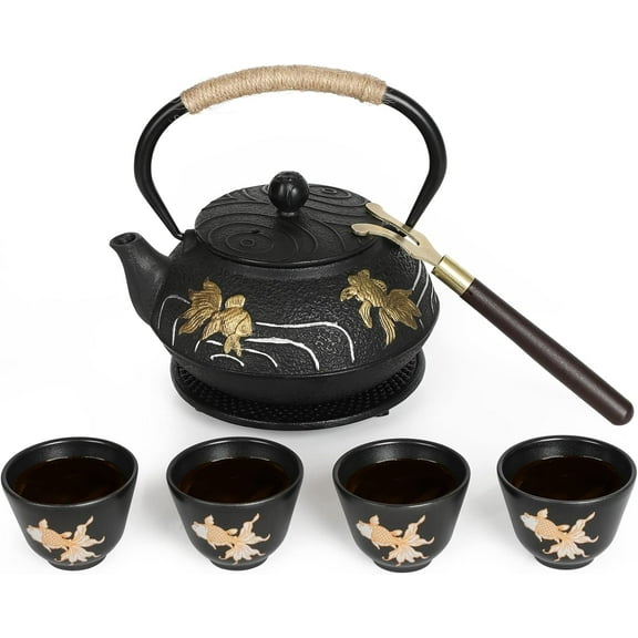 Hand-Painted Goldfish Cast Iron Teapot Set,Japanese Cast Iron Tea Kettle Set with Removeable Infuser and 4 Stainless Steel Cups,Traditional Tetsubin Tea Pot Sets for Stovetop 750ml/26oz