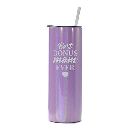 

20 oz Skinny Tall Tumbler Stainless Steel Vacuum Insulated Travel Mug Cup With Straw Best Bonus Mom Ever Step Mom Mother (Purple Iridescent Glitter)