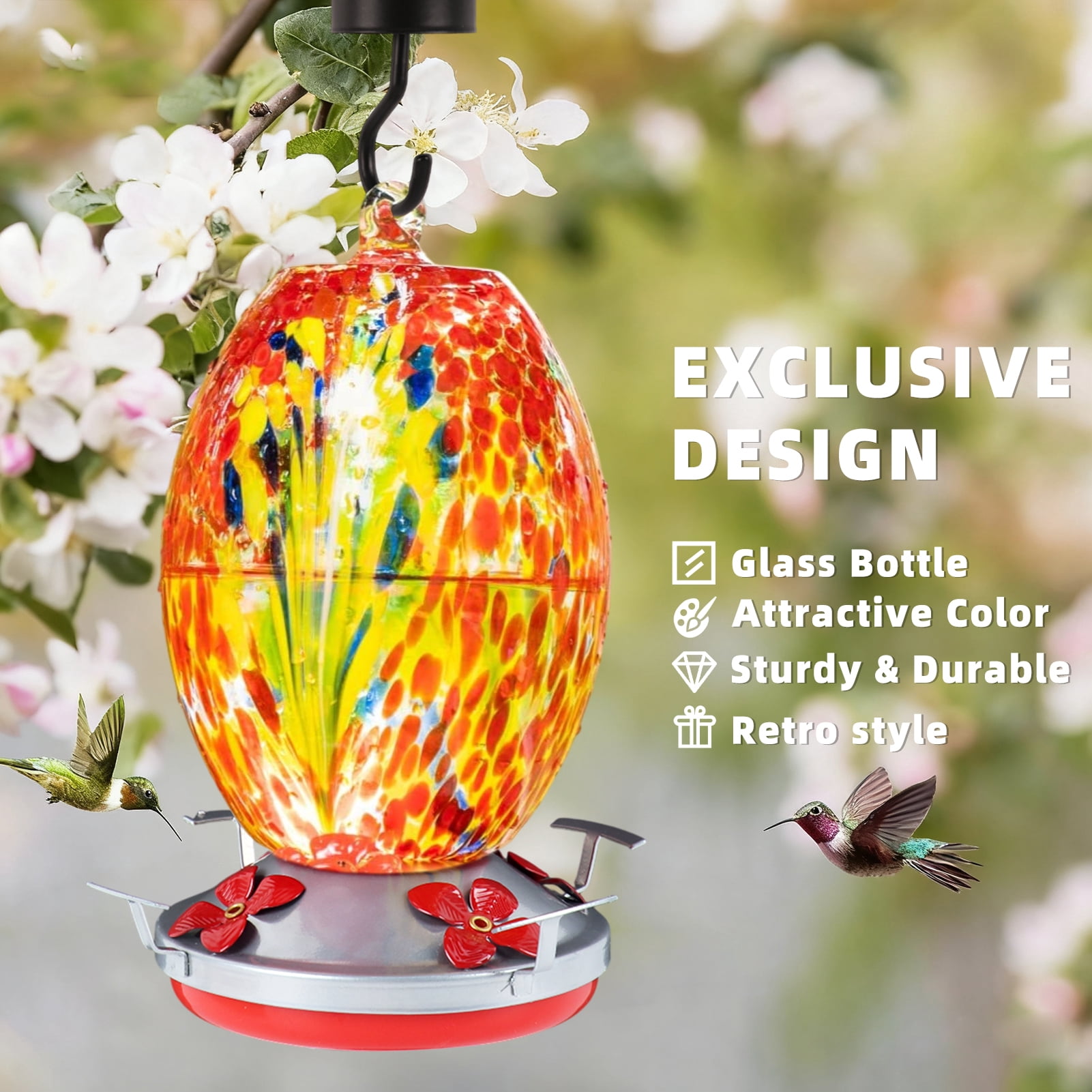 KORALAKIRI Glass Hummingbird Feeders, 27OZ Hummingbird Feeder for Outdoors Hanging ant and Bee Proof, Humming Birds Feeders for Outside