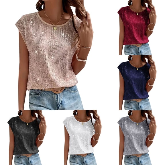 Womens Tops Casual T Shirts Glitter Sequin Cap Sleeve Crew Neck Sleeveless Summer Clothes Red