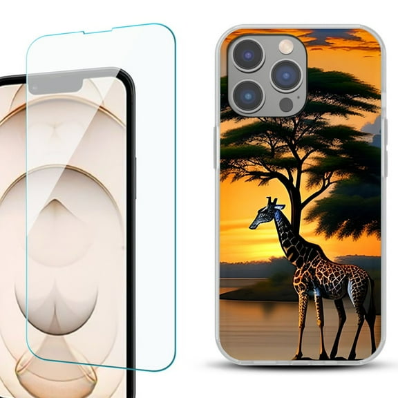 Slim-Fit TPU Phone Case for iPhone 14 Pro, with Tempered Glass Screen Protector, by OneToughShield ® - Giraffe Sunset