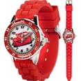 thumbnail image 1 of Accutime Cars Reloj analógico para niños con carcasa plateada, bisel rojo, correa roja, personaje oficial de Cars Lightning McQueen en la esfera, reloj Time-Teacher, seguro para niños, modelo: CZ1009, 1 of 5
