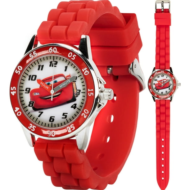 Accutime Cars Reloj analógico para niños con carcasa plateada, bisel rojo, correa roja, personaje oficial de Cars Lightning McQueen en la esfera, reloj Time-Teacher, seguro para niños, modelo: CZ1009