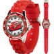 thumbnail image 1 of Accutime Cars Reloj analógico para niños con carcasa plateada, bisel rojo, correa roja, personaje oficial de Cars Lightning McQueen en la esfera, reloj Time-Teacher, seguro para niños, modelo: CZ1009, 1 of 5