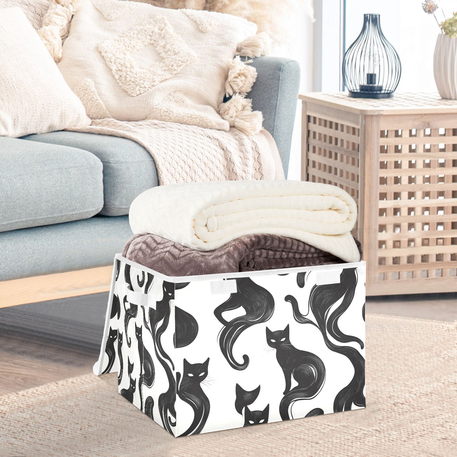 Black Cats in White Storage Basket for Shelves Foldable Container Organizer for Organizing Toys Clothes Books with Handles