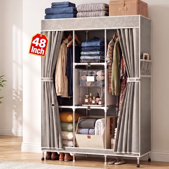 Glazina Portable Closet Organizer and Storage, 48 Inch Wide Wardrobe Closet with Dustproof Cover and 6 Shelves, Steel Frame Easy to Assemble, Gary