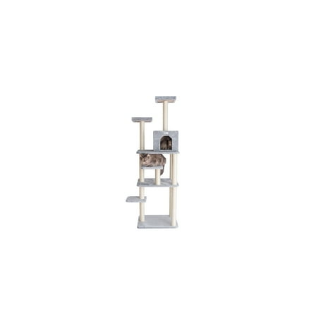 74" Cat Tree - 7 Level Condo, 2 Perches, Playhouse & Faux Fur
