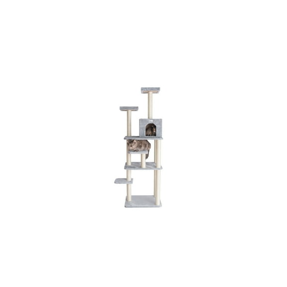 74" Cat Tree - 7 Level Condo, 2 Perches, Playhouse & Faux Fur