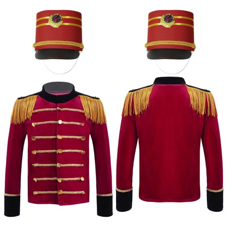 renvena Kids Boys Honor Guard Team Performance Outfit Long Sleeve Tassels Epaulets Top and Hat Costume