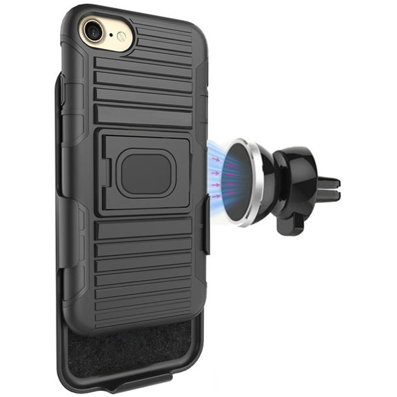 Case/Mount/Clip for iPhone SE 2022/2020, Nakedcellphone Black Rugged Cover [with Finger Grip Stand]   [Belt Hip Holster]   [Magnetic Car Holder] - fits Apple iPhone SE3, SE2, 8, 7