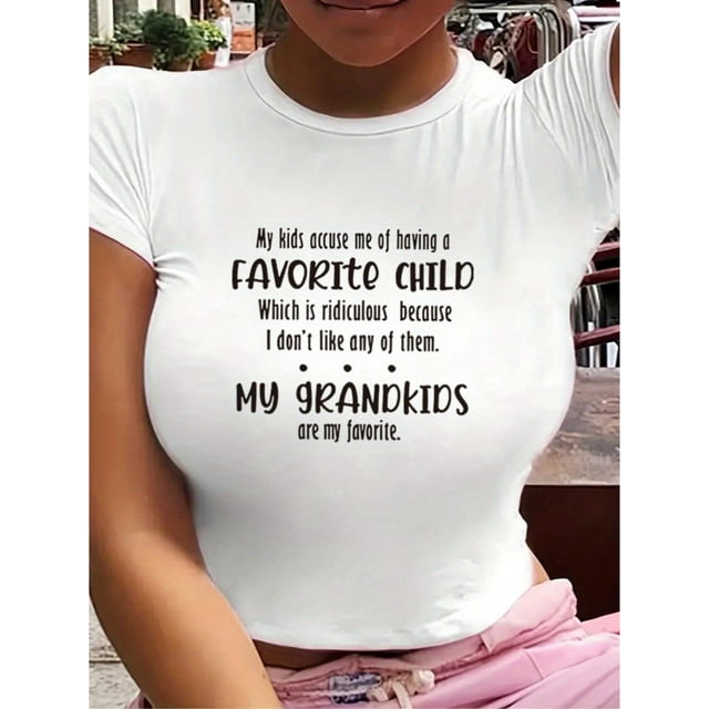 Casual T-shirt, Women's Slogan Print Short Sleeve Round Neck Slight Stretch T-shirt Tee For Adult, Men, Women, Teen, Teenager, Adolescent, Youth