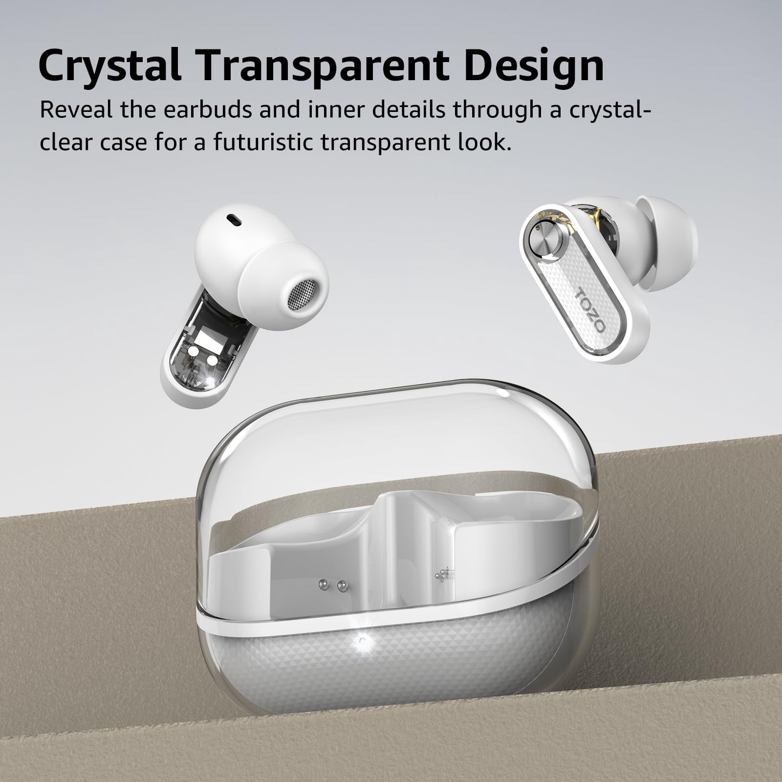 TOZO AI Translation Hybrid Active Noise Cancelling Earbuds, 100+ Languages, 70H, Smart ENC AI Calls, Stereo Bass with App-32EQ, IPX5 Waterproof Bluetooth 5.4 Headphones, Sleek Transparent Design