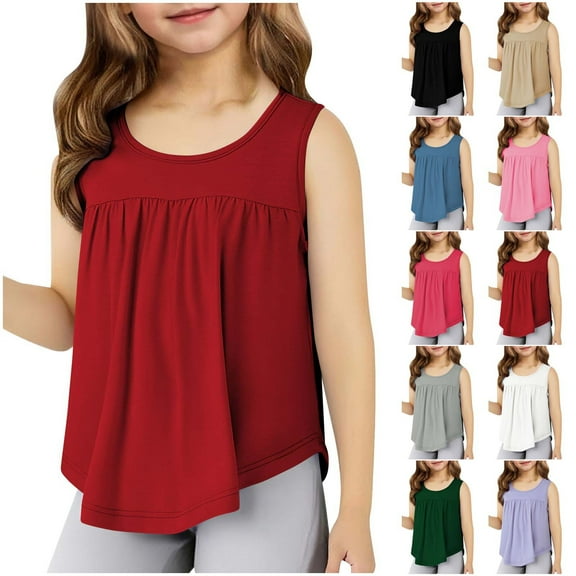 Agkizg Summer Girls Casual Tops Fashion Sleeveless Tank Tops Round Neck Solid Color T Shirts Loose Fitting Pleated Cute Kids Clothes Tops