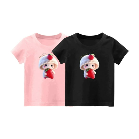 Tauxra Boys Girls Short Sleeve T-Shirts 2 Pack Cotton Blend Crewneck Tops for Kids Summer Printed Tees with Cute Rabbit Strawberry Pattern